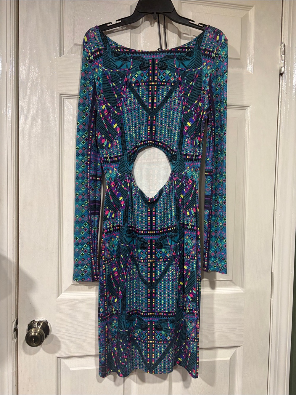 Long Sleeve Teal Geometric Cutout Dress